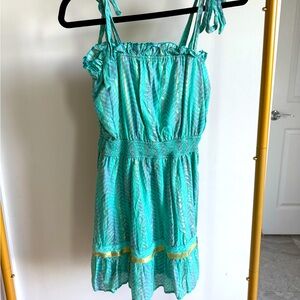 Summer mini sun dress turquoise with golden details Small S